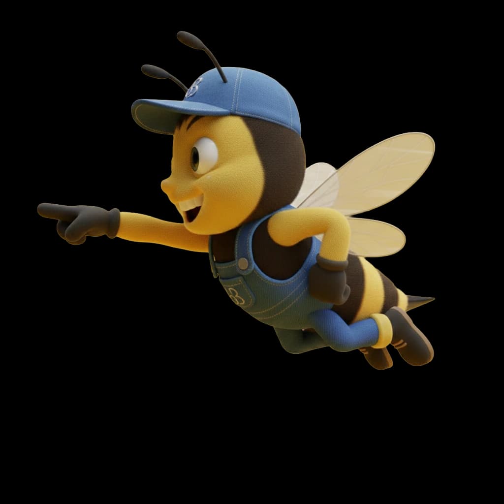 beeBAAHM mascot flying into the theme worlds